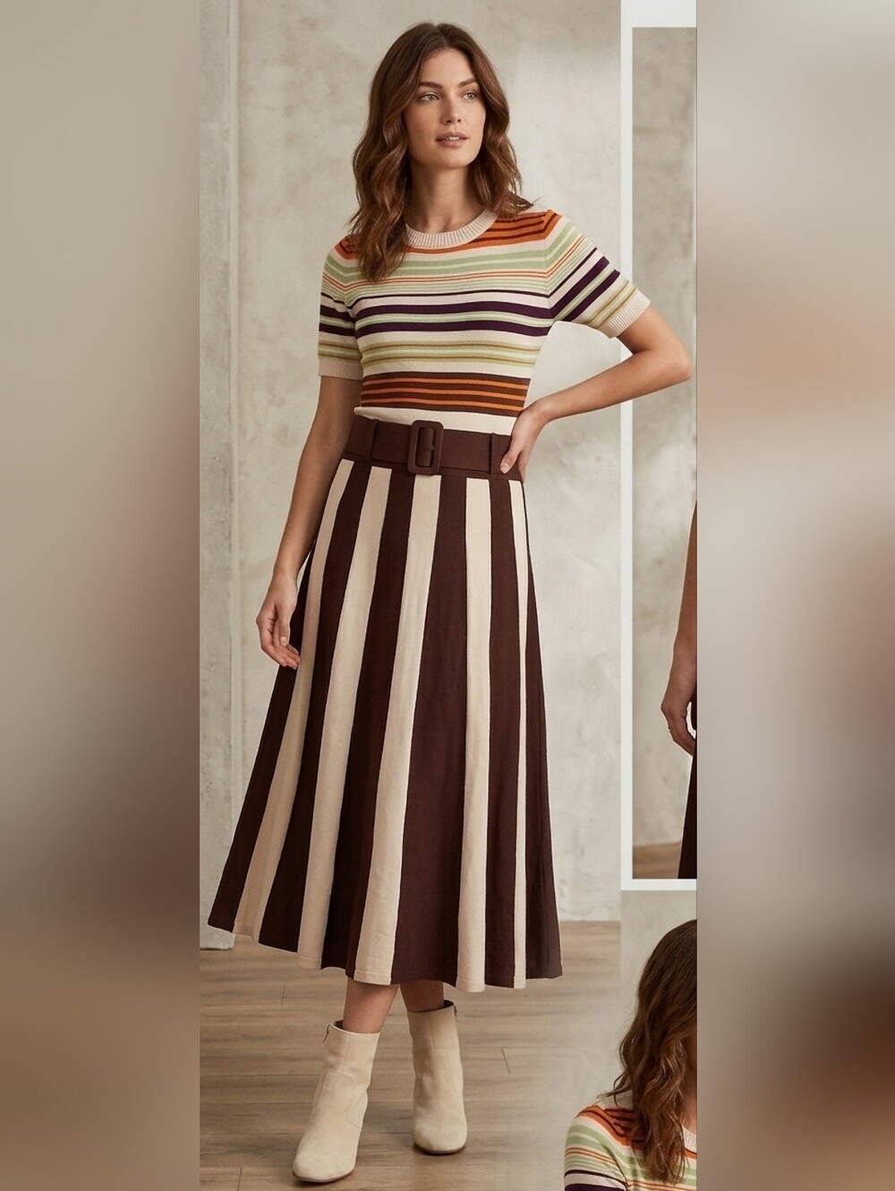 Eva Mendes New York & Company Brown/Cream Vertical-Stripe Midi Dress W/Belt XS